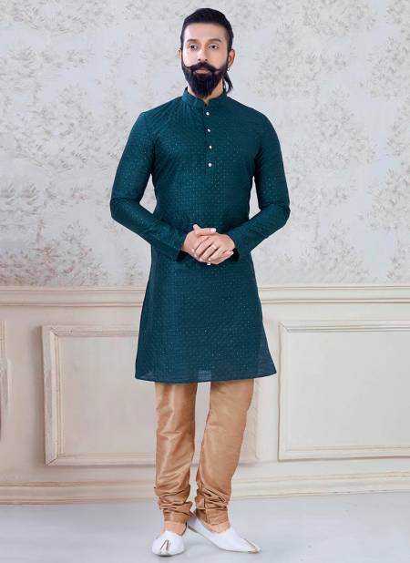 Green Colour New Designer Festive Wear Fancy Kurta Pajama Mens Latest Collection KS 1133